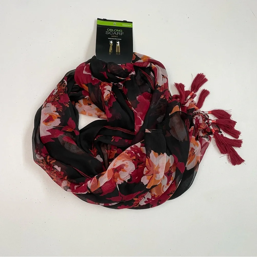 Mixit Scarf Oblong Large Floral Fringe Embroidery Wine Red Black Orange White